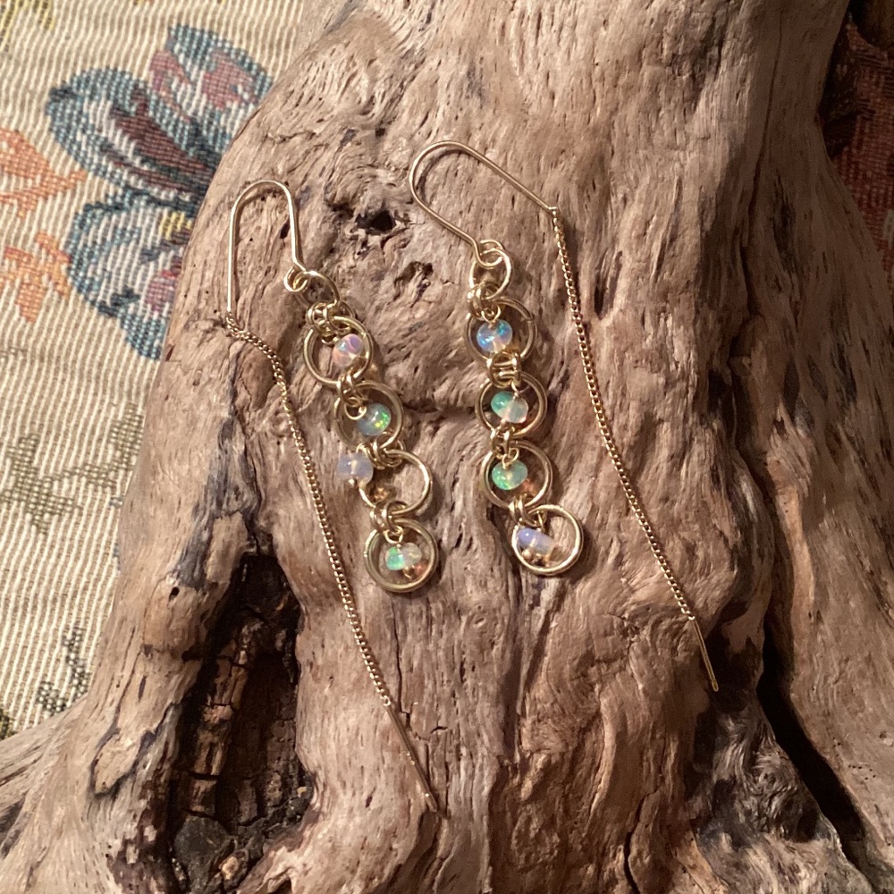 Ethiopian Welo Fire Opal Drop Threader Earrings 18KT GP
